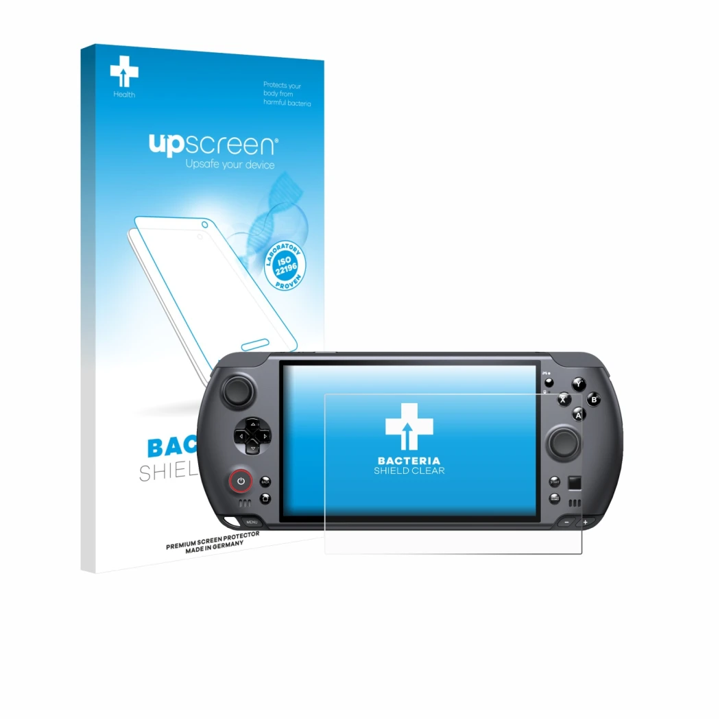 Vorderseite einer Produktverpackung mit dem Markenlogo upscreen. Daneben ist das Gerät GPD Win 5 mit dem zugehörigen Displaysc