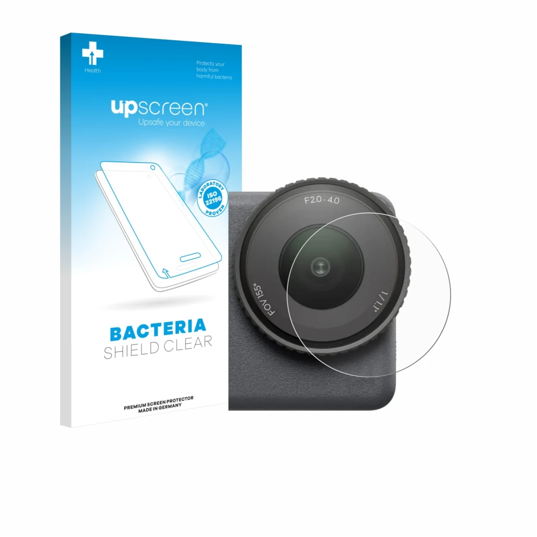 Vorderseite einer Produktverpackung mit dem Markenlogo upscreen. Daneben ist das Gerät DJI Osmo Action 6 (Linse) mit dem zugeh