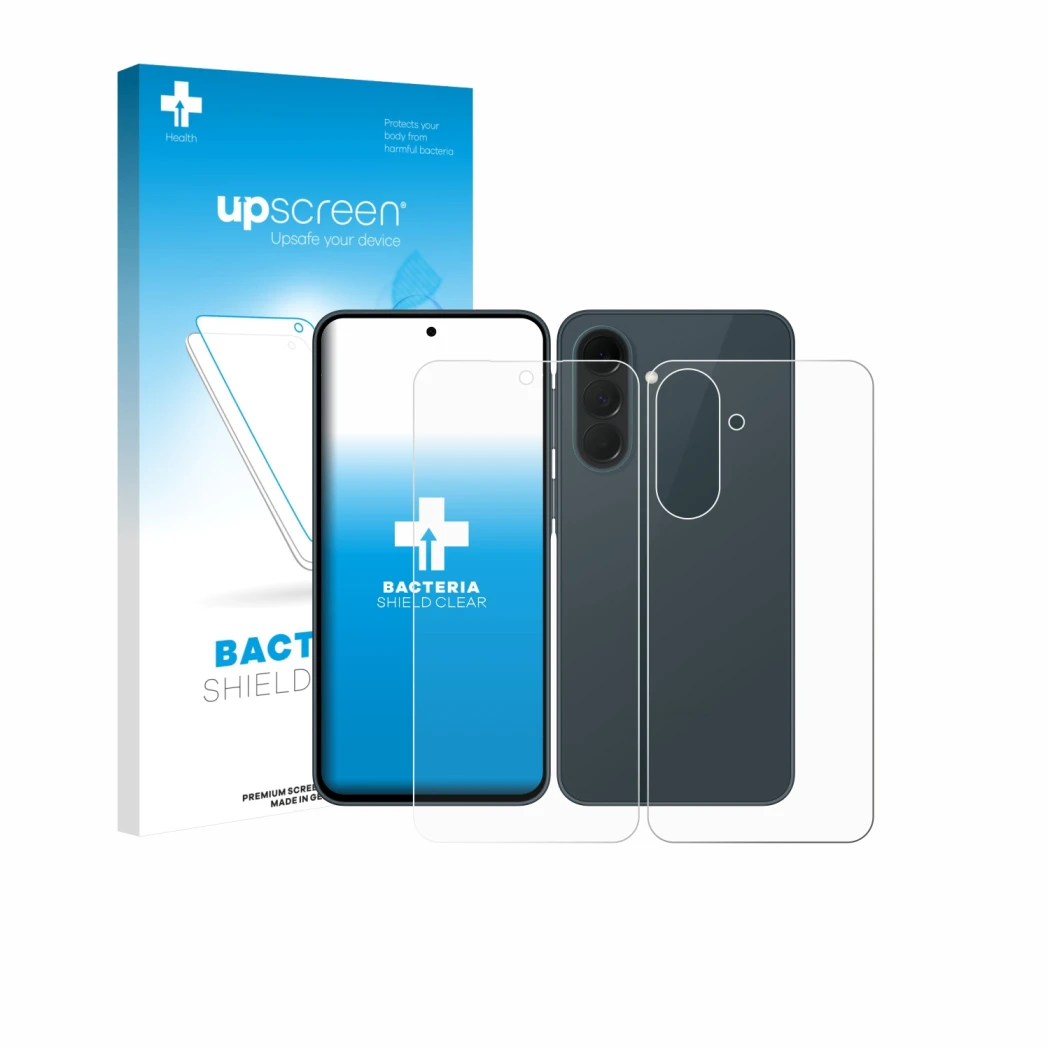 Vorderseite einer Produktverpackung mit dem Markenlogo upscreen. Daneben ist das Gerät Samsung Galaxy A37 5G (Display+Rückseit