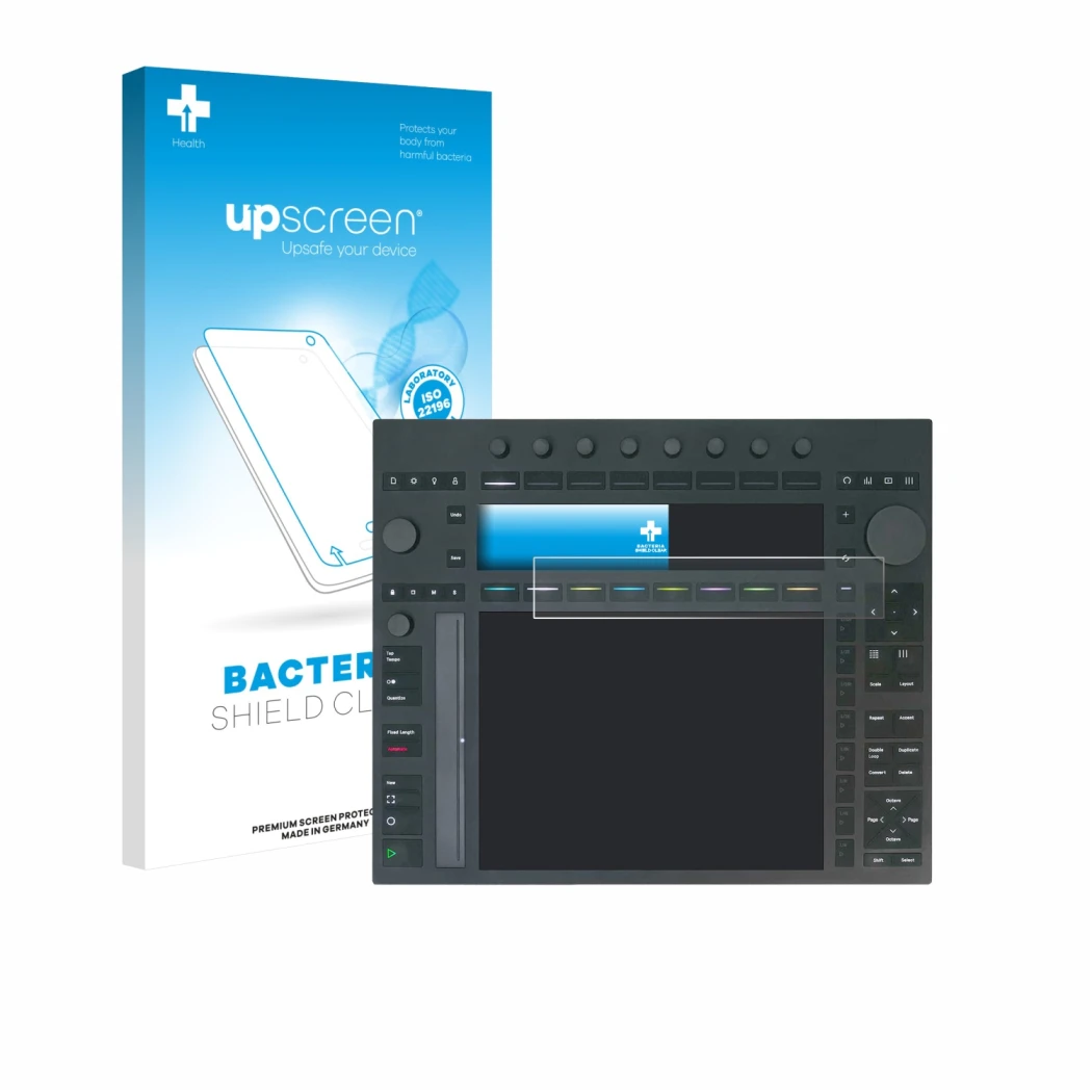 Vorderseite einer Produktverpackung mit dem Markenlogo upscreen. Daneben ist das Gerät Ableton Push 3 mit dem zugehörigen Disp