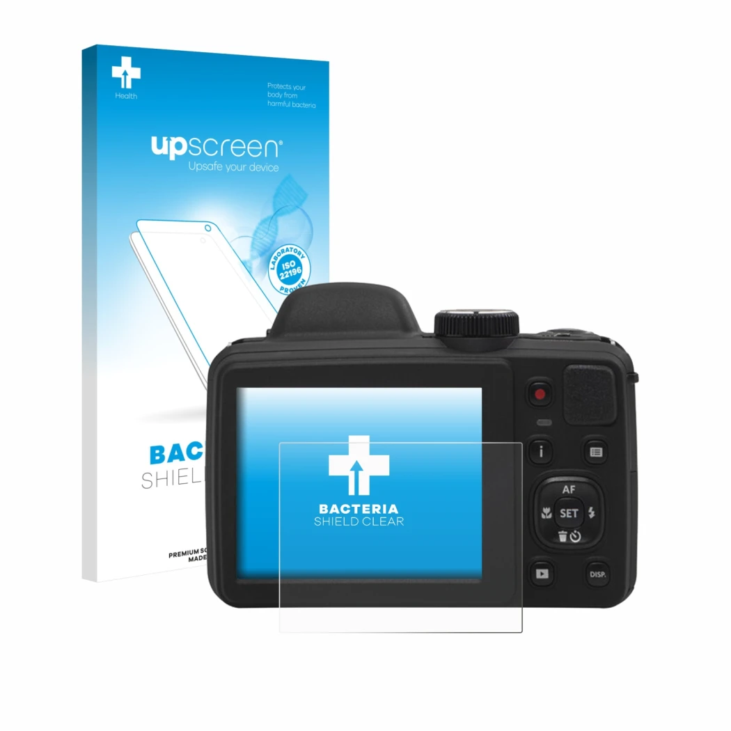 Vorderseite einer Produktverpackung mit dem Markenlogo upscreen. Daneben ist das Gerät Kodak Pixpro AZ405 mit dem zugehörigen 