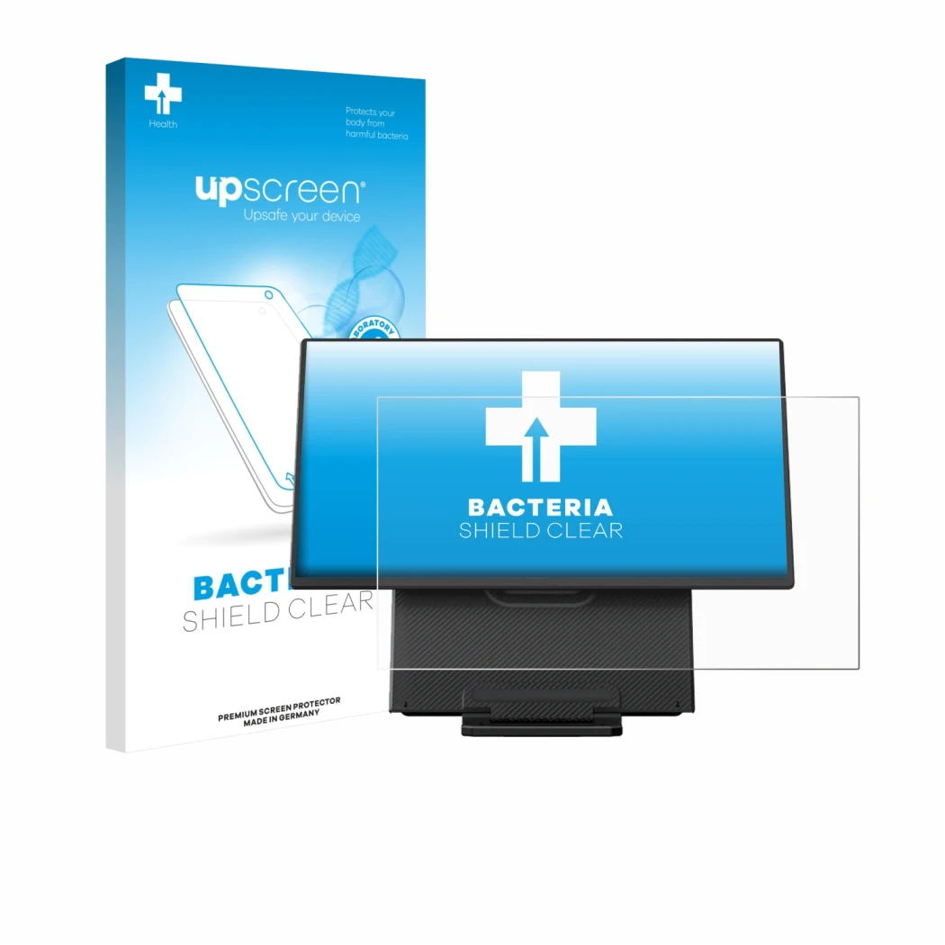 Vorderseite einer Produktverpackung mit dem Markenlogo upscreen. Daneben ist das Gerät Blackview Table 10 23.8