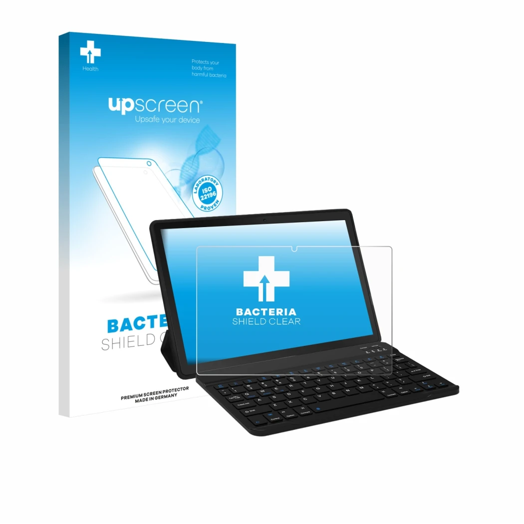 Vorderseite einer Produktverpackung mit dem Markenlogo upscreen. Daneben ist das Gerät Laptok YXPA7LBK 11