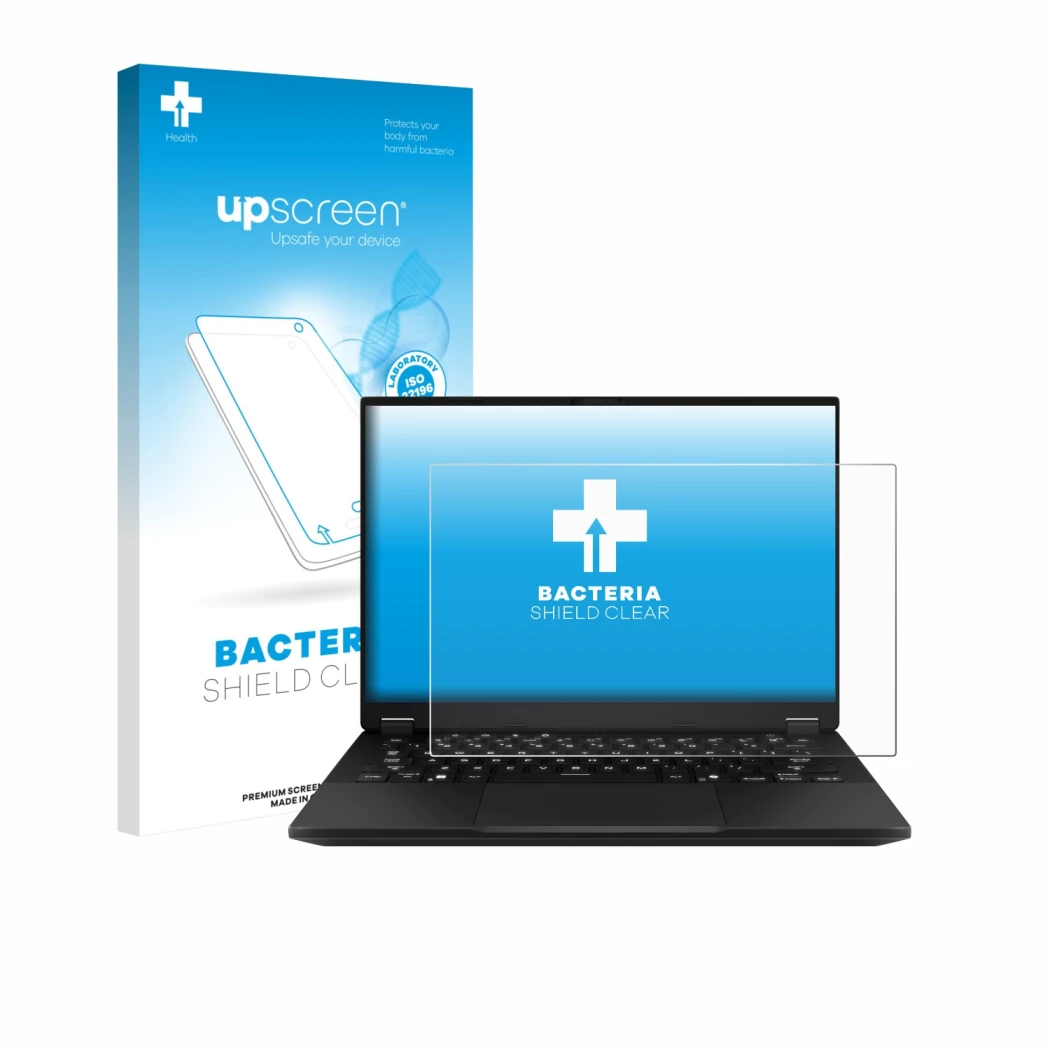 Vorderseite einer Produktverpackung mit dem Markenlogo upscreen. Daneben ist das Gerät ASUS TUF Gaming A14 mit dem zugehörigen