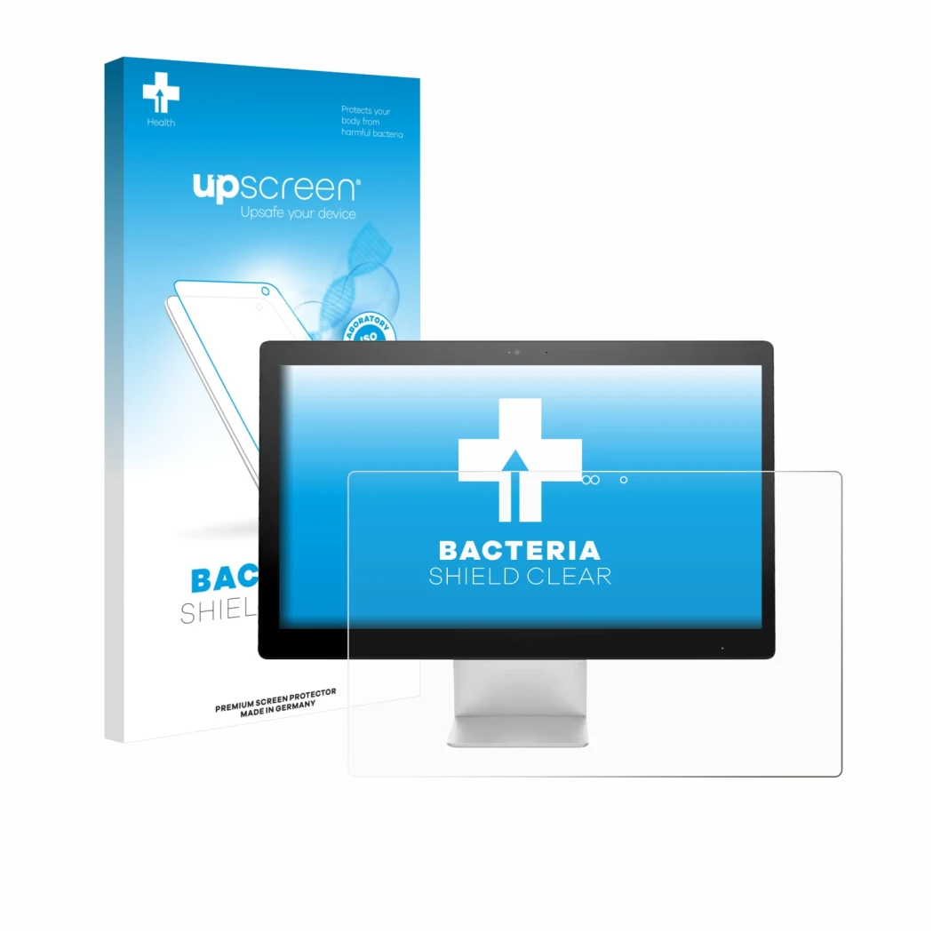 Vorderseite einer Produktverpackung mit dem Markenlogo upscreen. Daneben ist das Gerät HP Pavilion All-In-One PC 23-q105nf mit