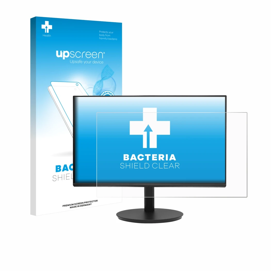 Vorderseite einer Produktverpackung mit dem Markenlogo upscreen. Daneben ist das Gerät Dell CB242Y P6 mit dem zugehörigen Disp