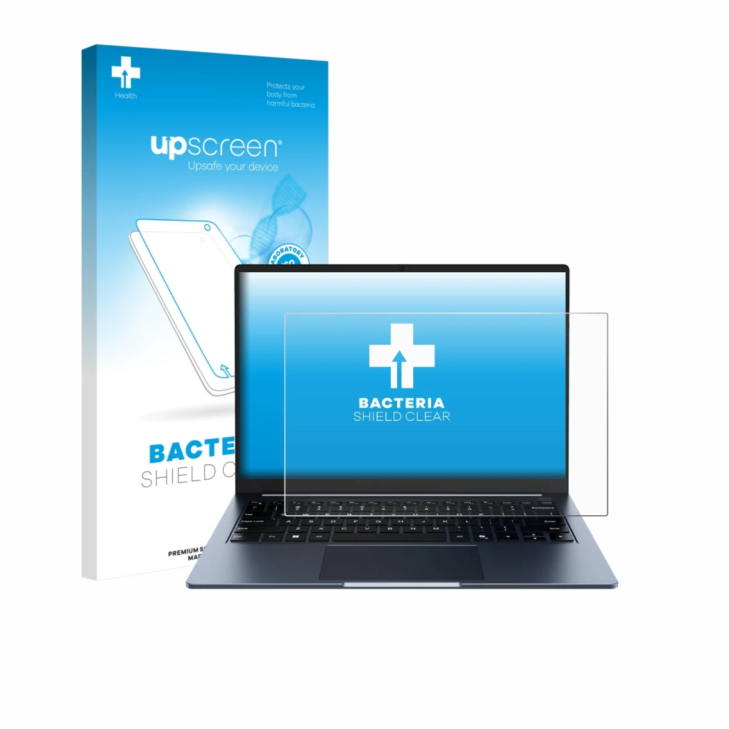 Vorderseite einer Produktverpackung mit dem Markenlogo upscreen. Daneben ist das Gerät Chuwi CoreBook Air 14