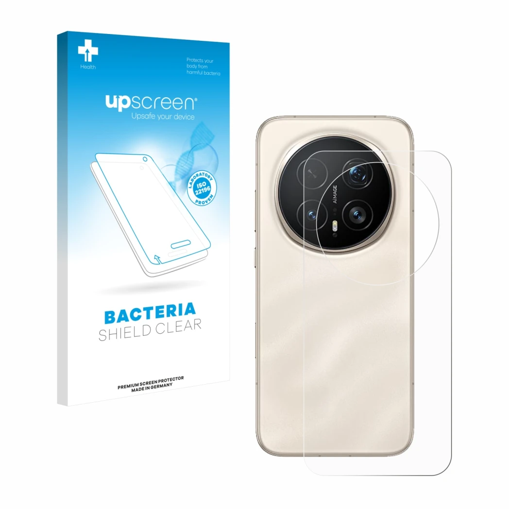 Vorderseite einer Produktverpackung mit dem Markenlogo upscreen. Daneben ist das Gerät Honor Magic 8 Pro (Rückseite) mit dem z