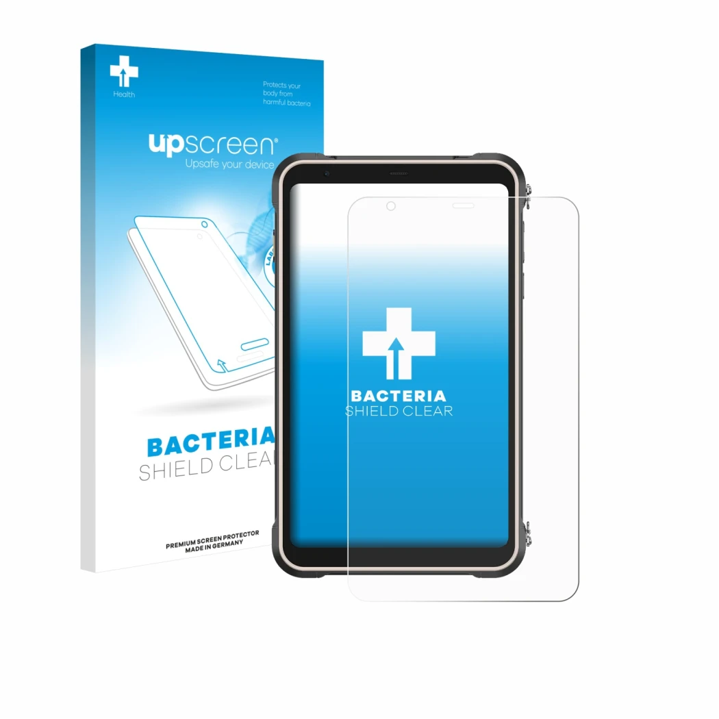 Vorderseite einer Produktverpackung mit dem Markenlogo upscreen. Daneben ist das Gerät Ulefone RugKing Pad Pro mit dem zugehör