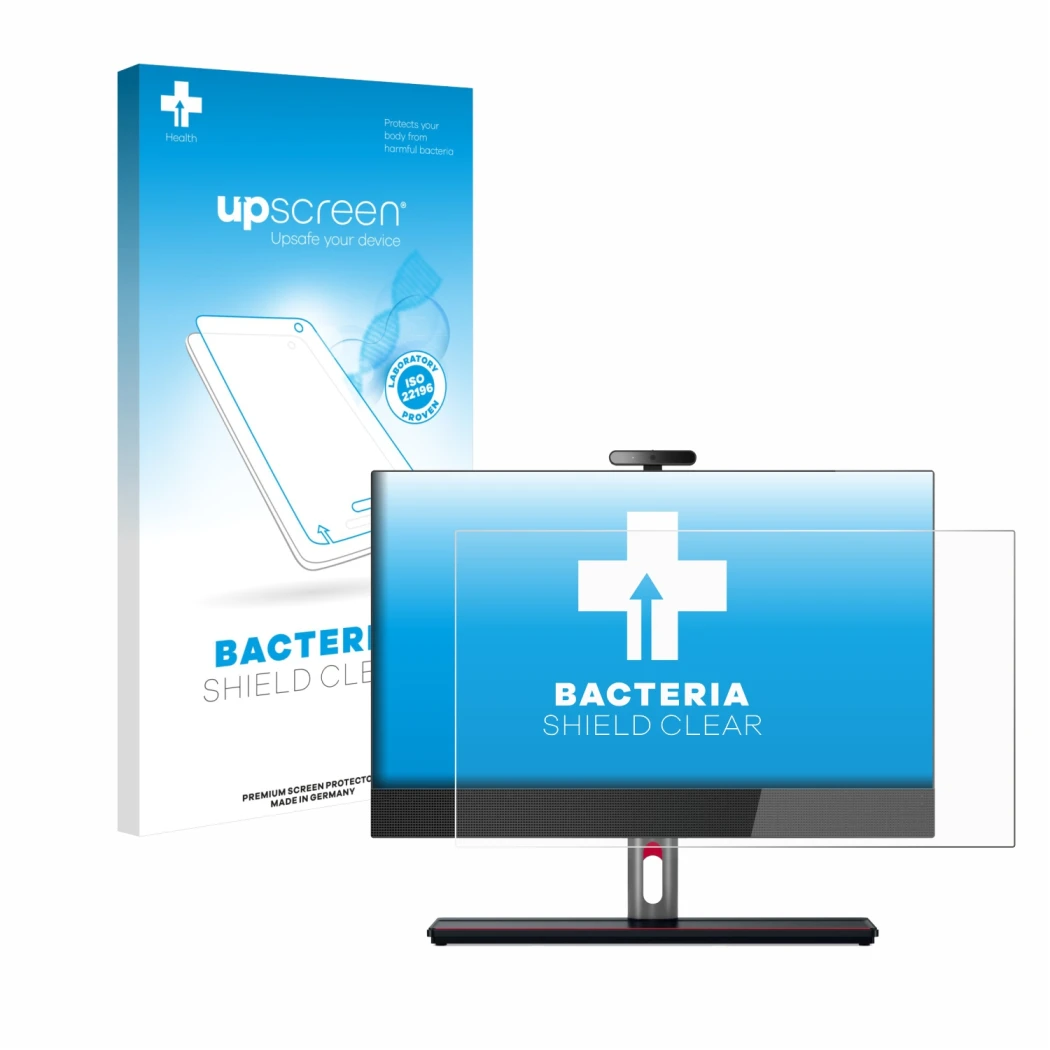 Vorderseite einer Produktverpackung mit dem Markenlogo upscreen. Daneben ist das Gerät Lenovo ThinkCentre M90a Gen 5 23,8