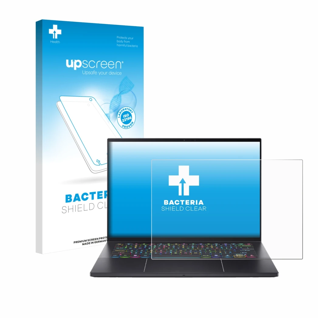 Vorderseite einer Produktverpackung mit dem Markenlogo upscreen. Daneben ist das Gerät Acer Predator Triton 14 AI mit dem zuge