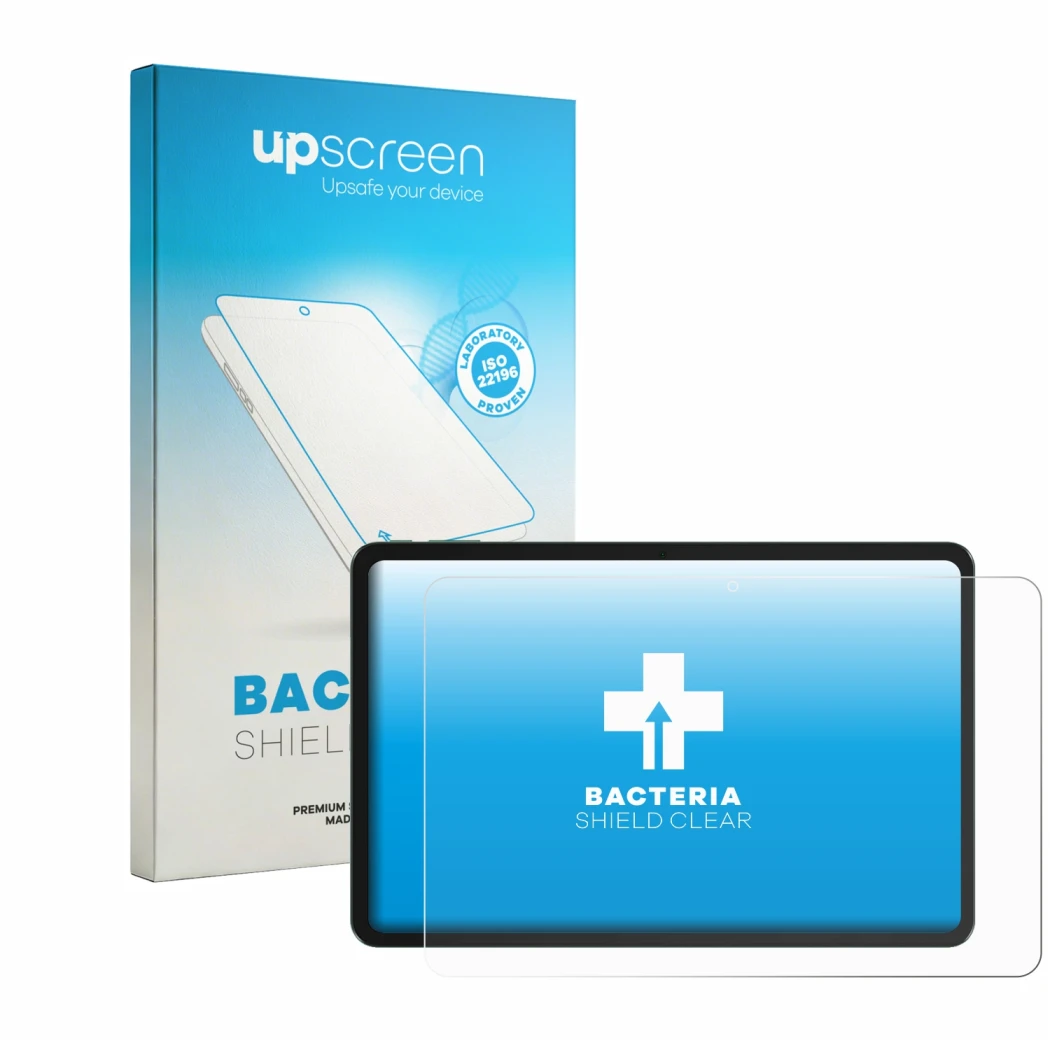 Vorderseite einer Produktverpackung mit dem Markenlogo upscreen. Daneben ist das Gerät Tecno MEGAPAD 2 mit dem zugehörigen Dis
