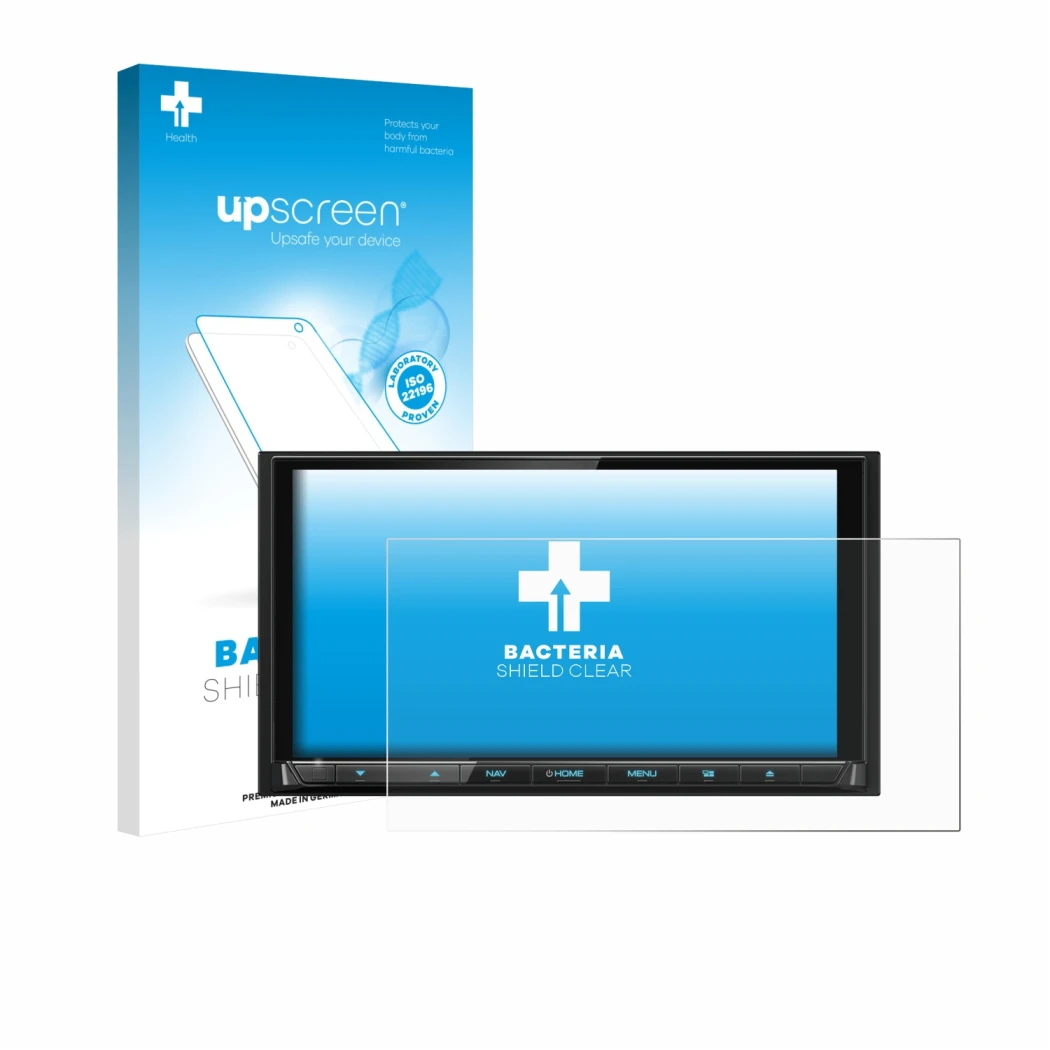 Vorderseite einer Produktverpackung mit dem Markenlogo upscreen. Daneben ist das Gerät Kenwood DNX9190DABS mit dem zugehörigen