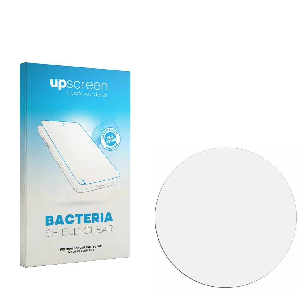 Vorderseite einer Produktverpackung mit dem Markenlogo upscreen. Daneben ist der zugehörige Displayschutz.