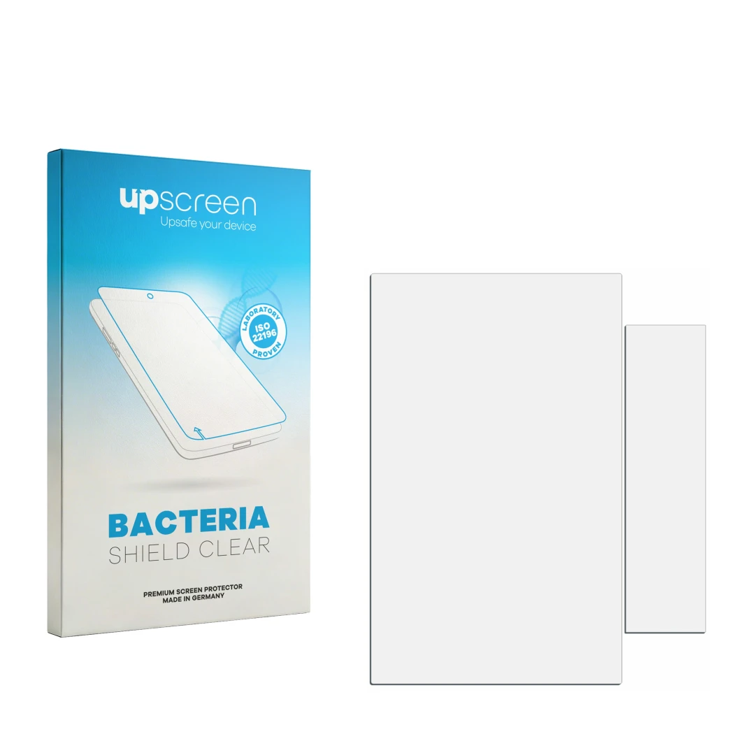 Vorderseite einer Produktverpackung mit dem Markenlogo upscreen. Daneben ist der zugehörige Displayschutz.
