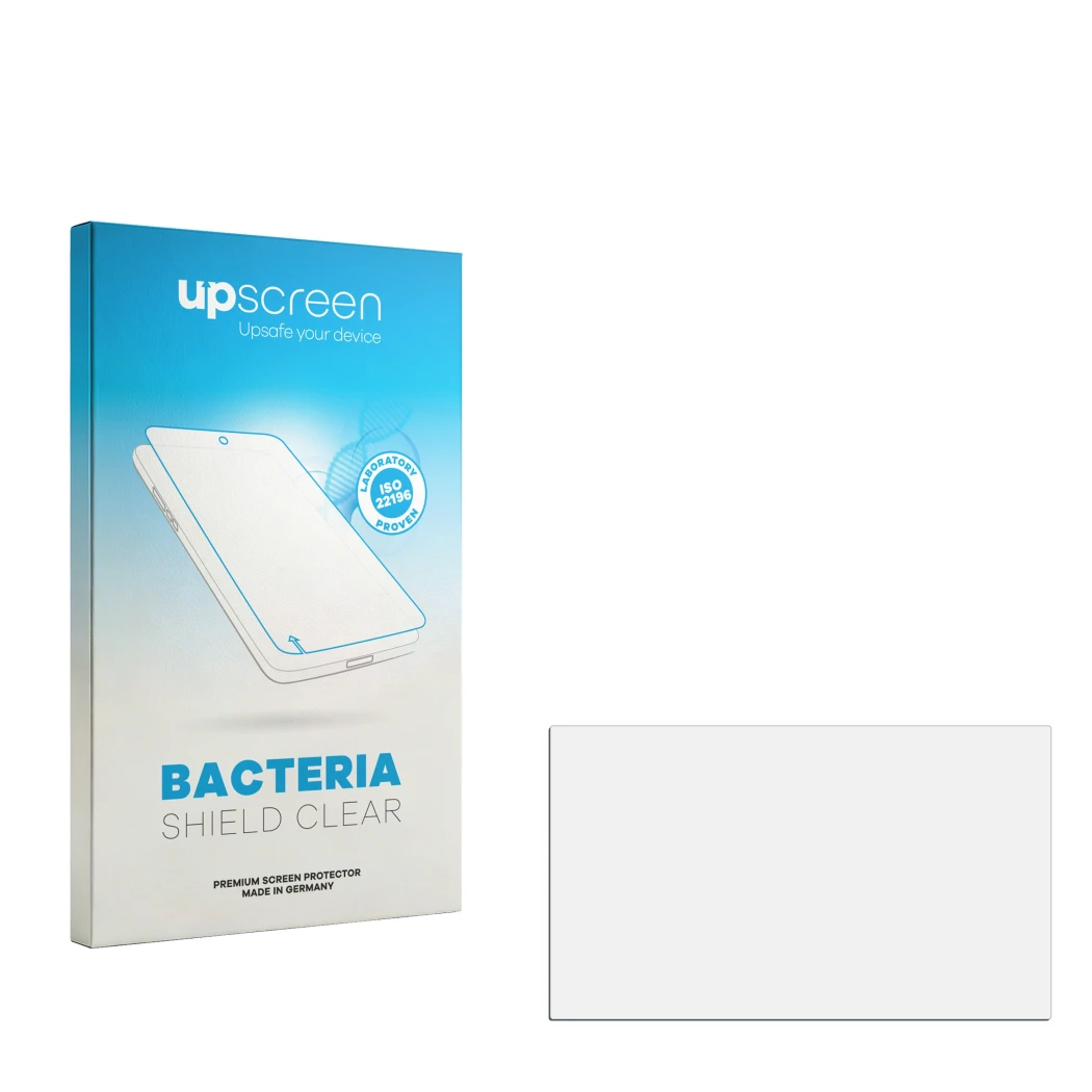 Vorderseite einer Produktverpackung mit dem Markenlogo upscreen. Daneben ist der zugehörige Displayschutz.