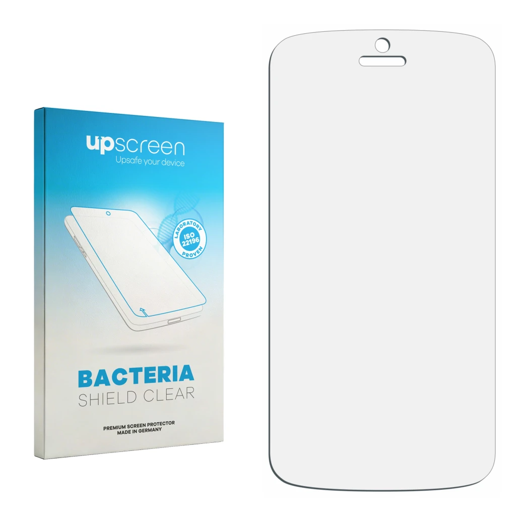 Vorderseite einer Produktverpackung mit dem Markenlogo upscreen. Daneben ist der zugehörige Displayschutz.