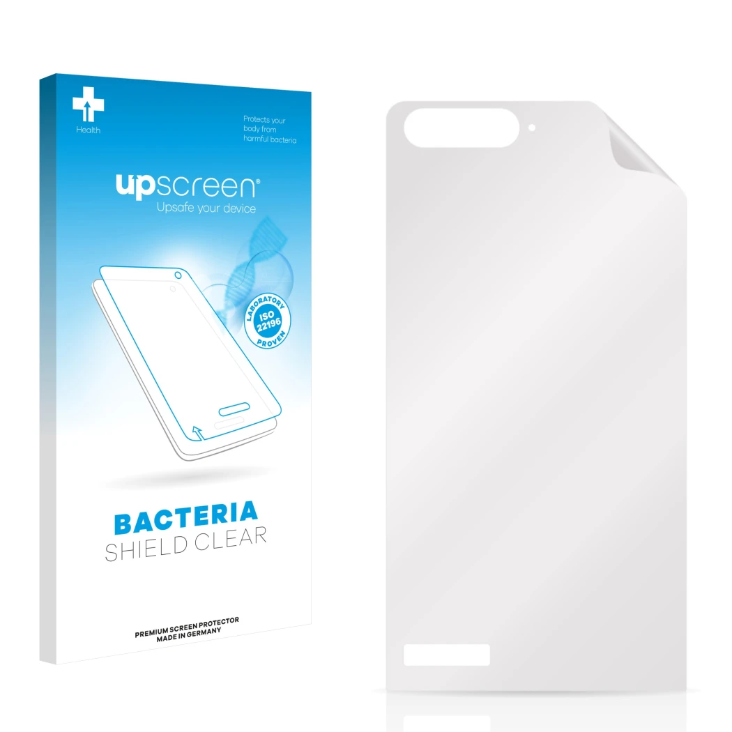 Vorderseite einer Produktverpackung mit dem Markenlogo upscreen. Daneben ist der zugehörige Displayschutz.