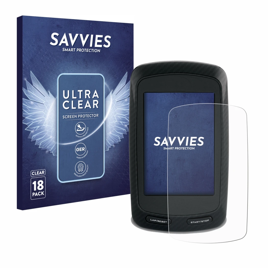 Vorderseite einer Produktverpackung mit dem Markenlogo Savvies. Daneben ist das Gerät Garmin Edge 800 mit dem zugehörigen Disp