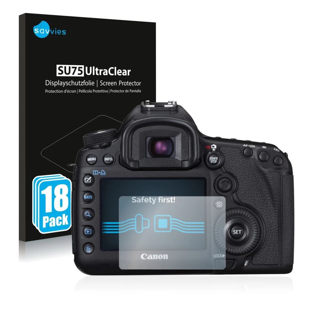 Vorderseite einer Produktverpackung mit dem Markenlogo Savvies. Daneben ist das Gerät Canon EOS 5D Mark III mit dem zugehörige