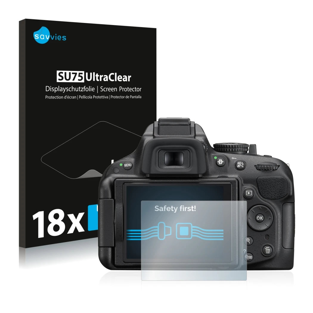 Vorderseite einer Produktverpackung mit dem Markenlogo Savvies. Daneben ist das Gerät Nikon D5200 mit dem zugehörigen Displays