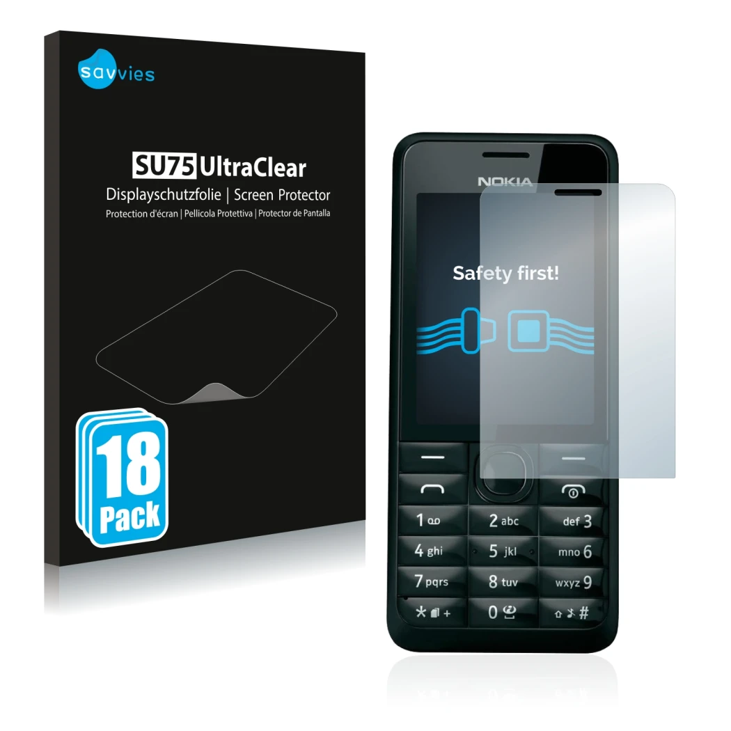 Vorderseite einer Produktverpackung mit dem Markenlogo Savvies. Daneben ist das Gerät Nokia 301 mit dem zugehörigen Displaysch