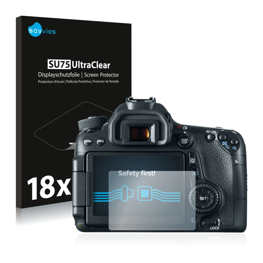 Vorderseite einer Produktverpackung mit dem Markenlogo Savvies. Daneben ist das Gerät Canon EOS 70D mit dem zugehörigen Displa