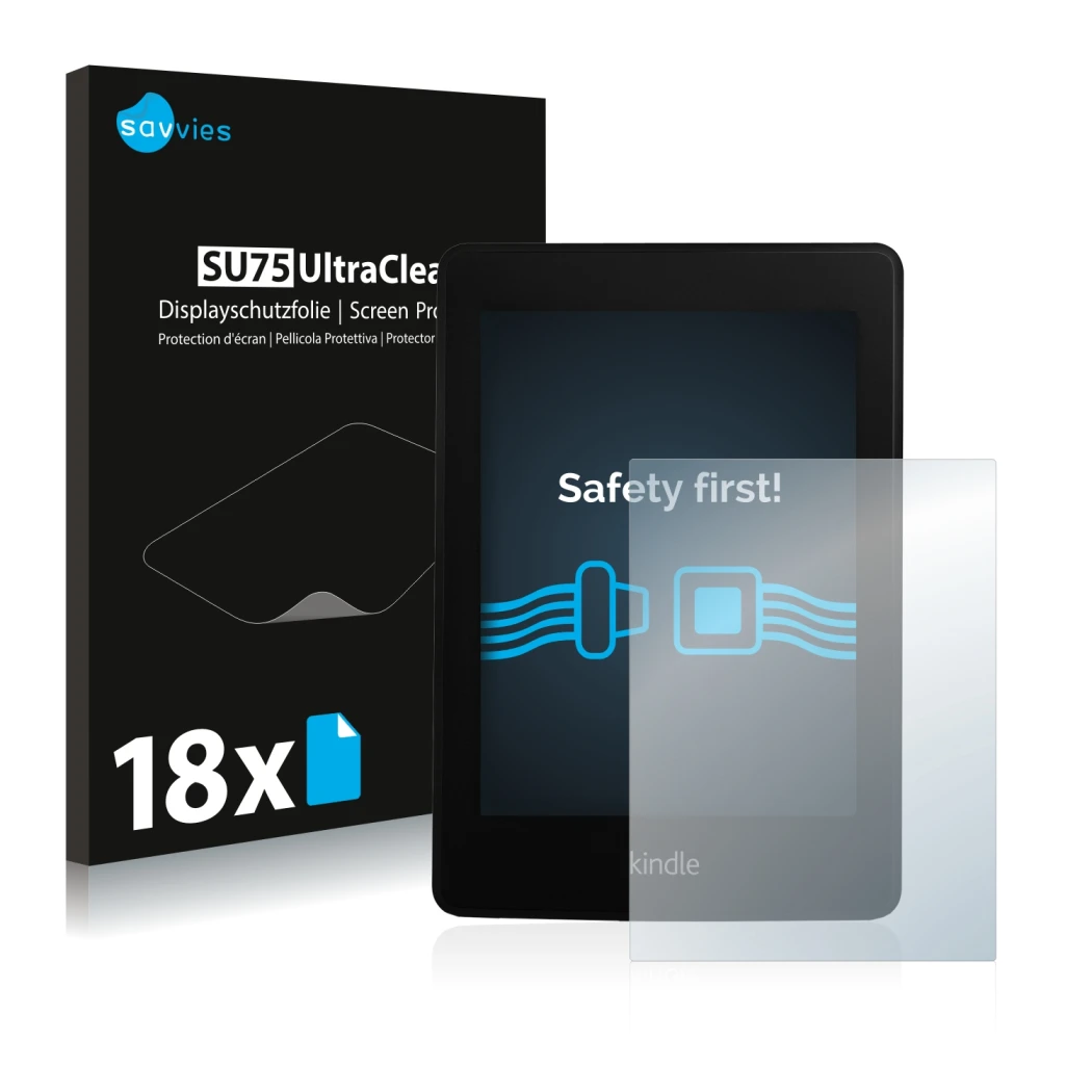 Vorderseite einer Produktverpackung mit dem Markenlogo Savvies. Daneben ist das Gerät Amazon Kindle Paperwhite 2013 mit dem zu