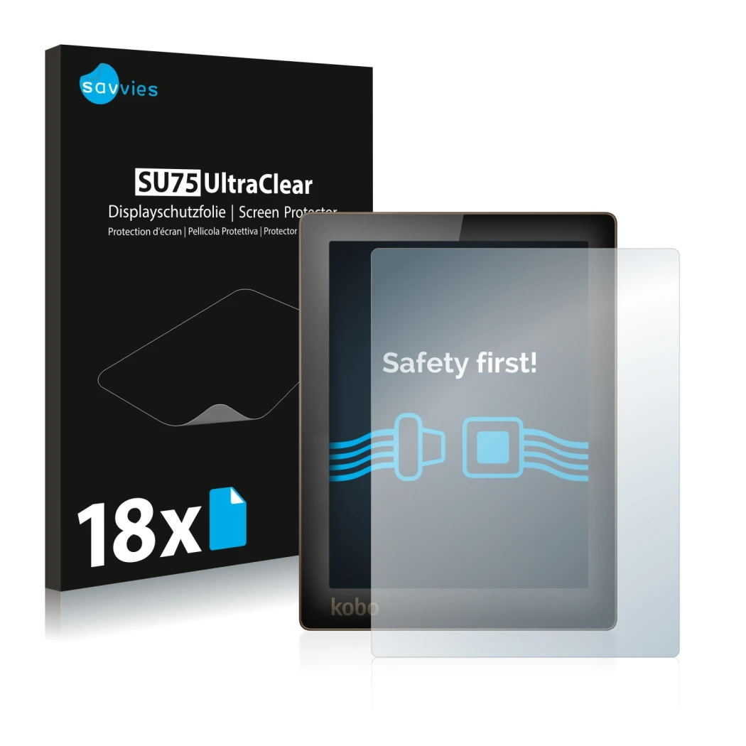 Vorderseite einer Produktverpackung mit dem Markenlogo Savvies. Daneben ist das Gerät Kobo Aura mit dem zugehörigen Displaysch