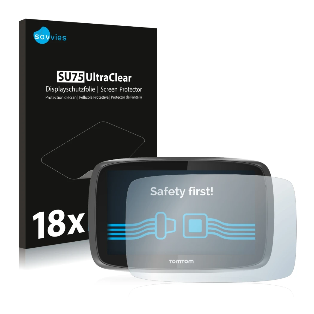 Vorderseite einer Produktverpackung mit dem Markenlogo Savvies. Daneben ist das Gerät TomTom GO 5000 mit dem zugehörigen Displ