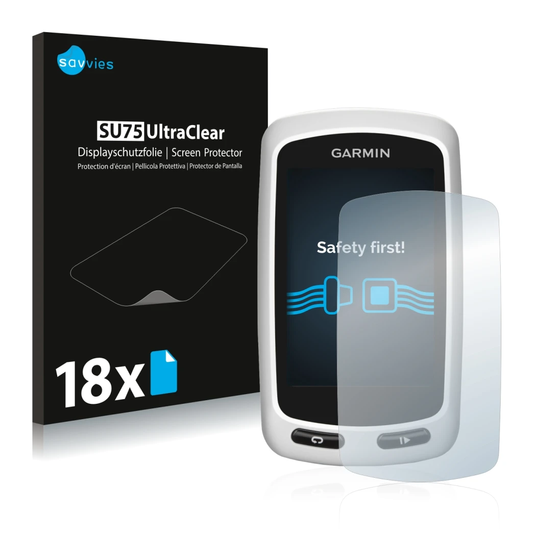 Vorderseite einer Produktverpackung mit dem Markenlogo Savvies. Daneben ist das Gerät Garmin Edge Touring Plus mit dem zugehör