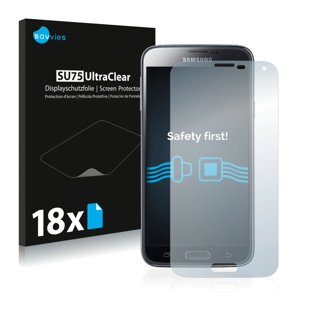 Vorderseite einer Produktverpackung mit dem Markenlogo Savvies. Daneben ist das Gerät Samsung Galaxy S5 mit dem zugehörigen Di