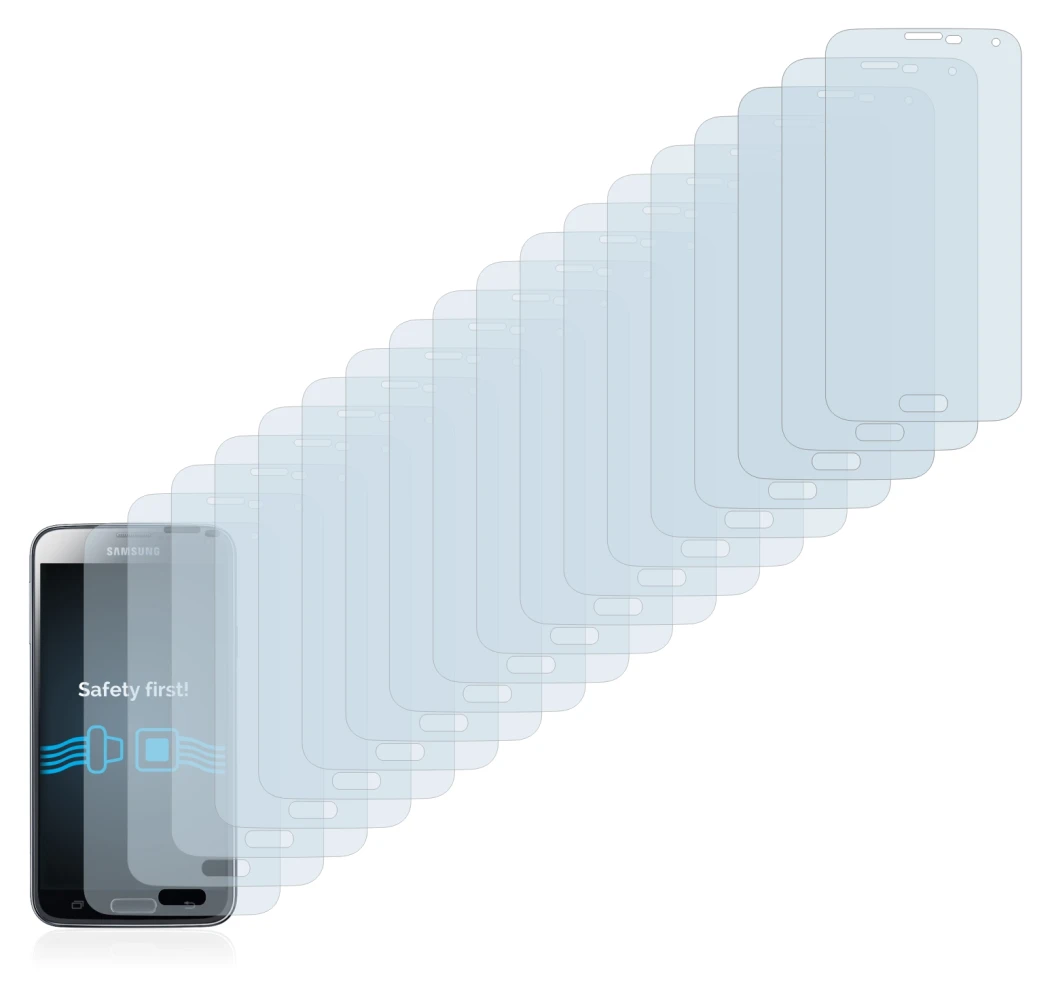 Abbildung des Geräts Samsung Galaxy S5 mit einer Vielzahl des Displayschutzes.