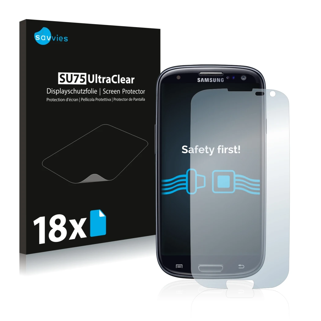 Vorderseite einer Produktverpackung mit dem Markenlogo Savvies. Daneben ist das Gerät Samsung Galaxy S3 Neo I9300I mit dem zug