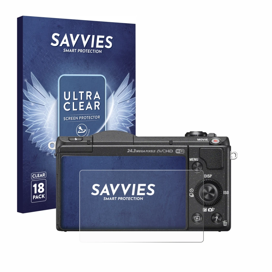 Vorderseite einer Produktverpackung mit dem Markenlogo Savvies. Daneben ist das Gerät Sony Alpha 5100 (DSLR-A5100) mit dem zug
