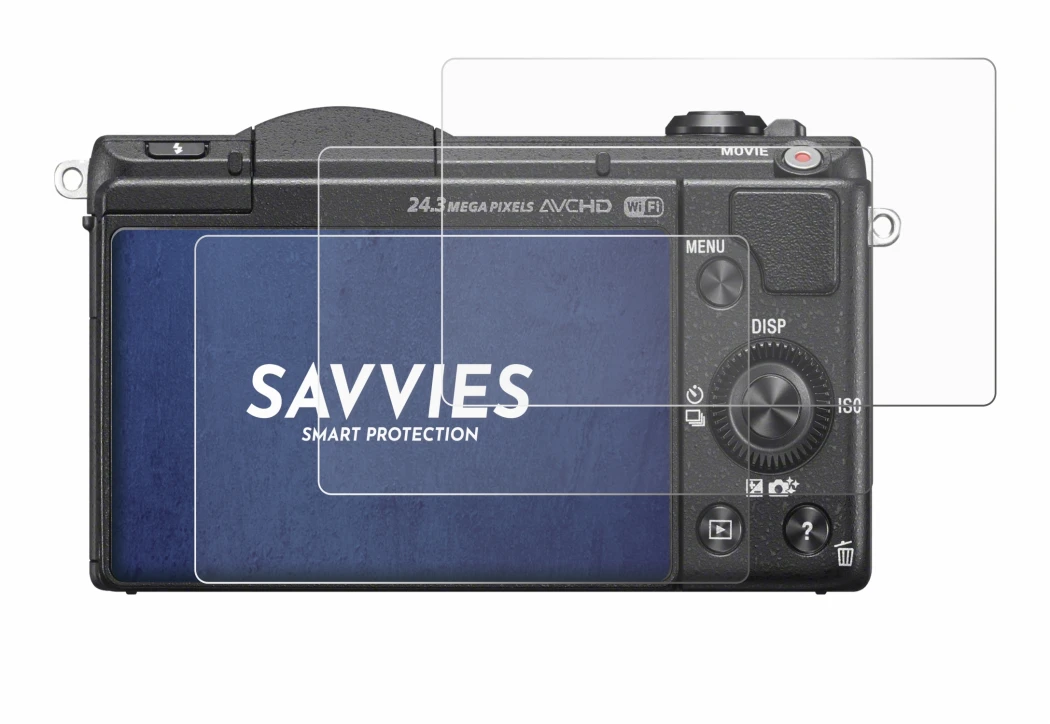 Abbildung des Geräts Sony Alpha 5100 (DSLR-A5100) mit einer Vielzahl des Displayschutzes.