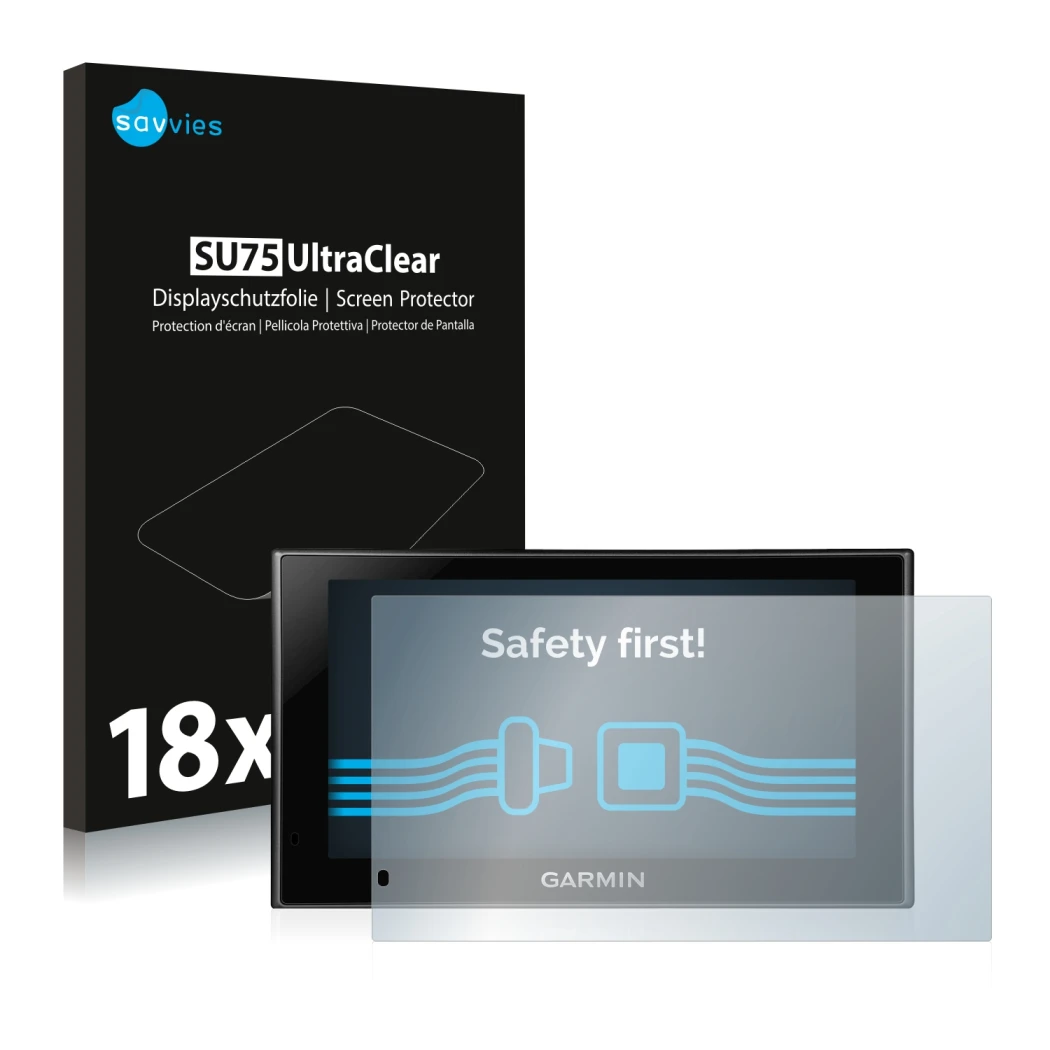 Vorderseite einer Produktverpackung mit dem Markenlogo Savvies. Daneben ist das Gerät Garmin nüvi 2599LMT-D mit dem zugehörige