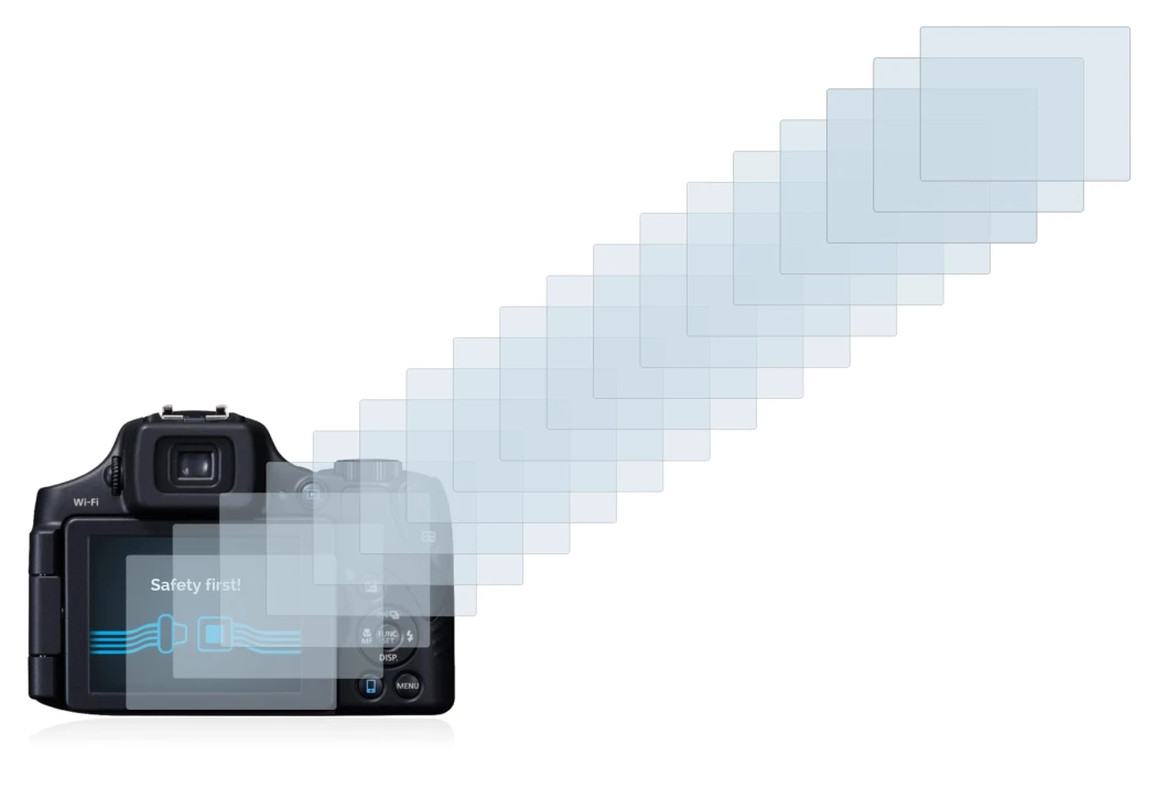 Abbildung des Geräts Canon PowerShot SX60 HS mit einer Vielzahl des Displayschutzes.