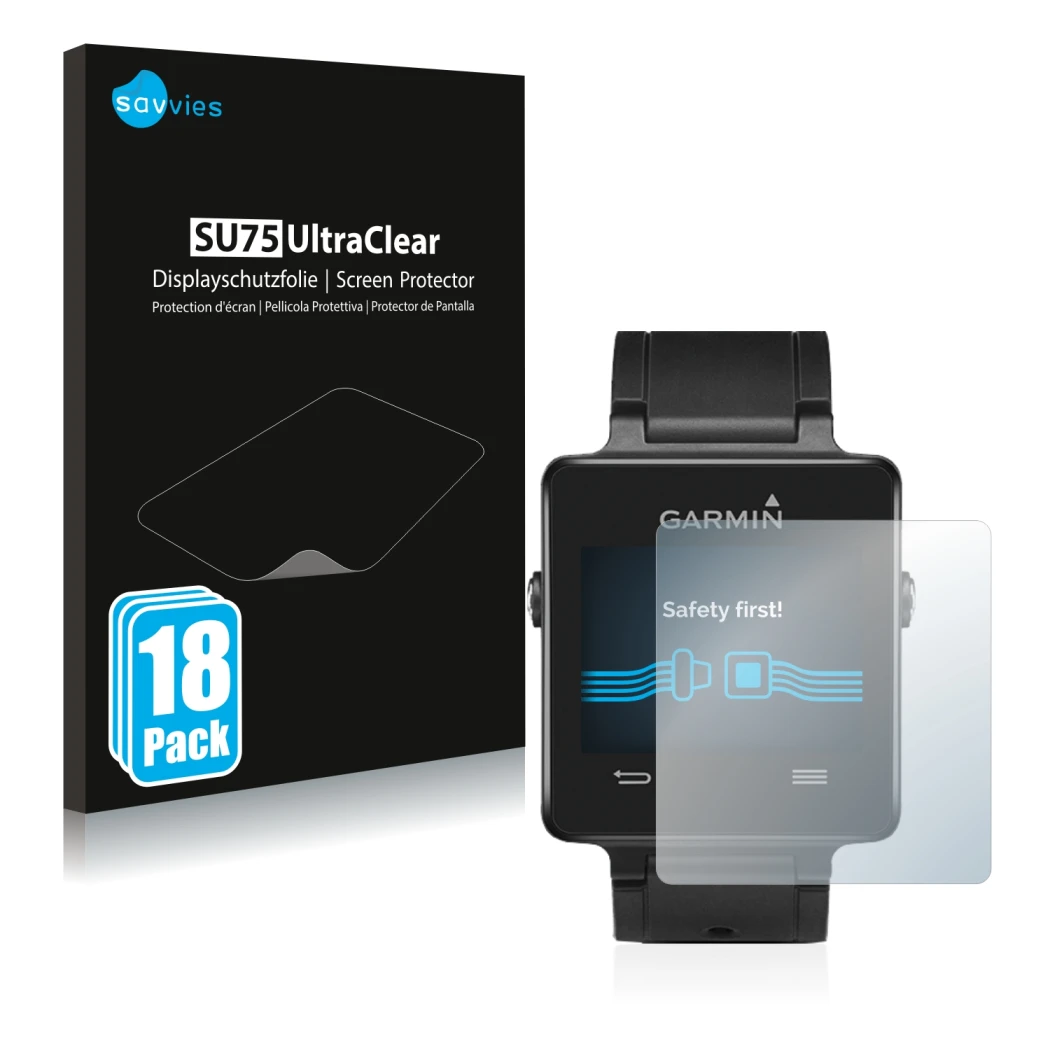 Vorderseite einer Produktverpackung mit dem Markenlogo Savvies. Daneben ist das Gerät Garmin vivoactive mit dem zugehörigen Di