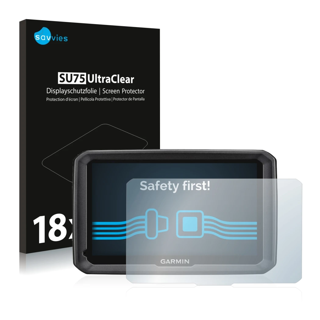 Vorderseite einer Produktverpackung mit dem Markenlogo Savvies. Daneben ist das Gerät Garmin dezl 770 LMT-D mit dem zugehörige