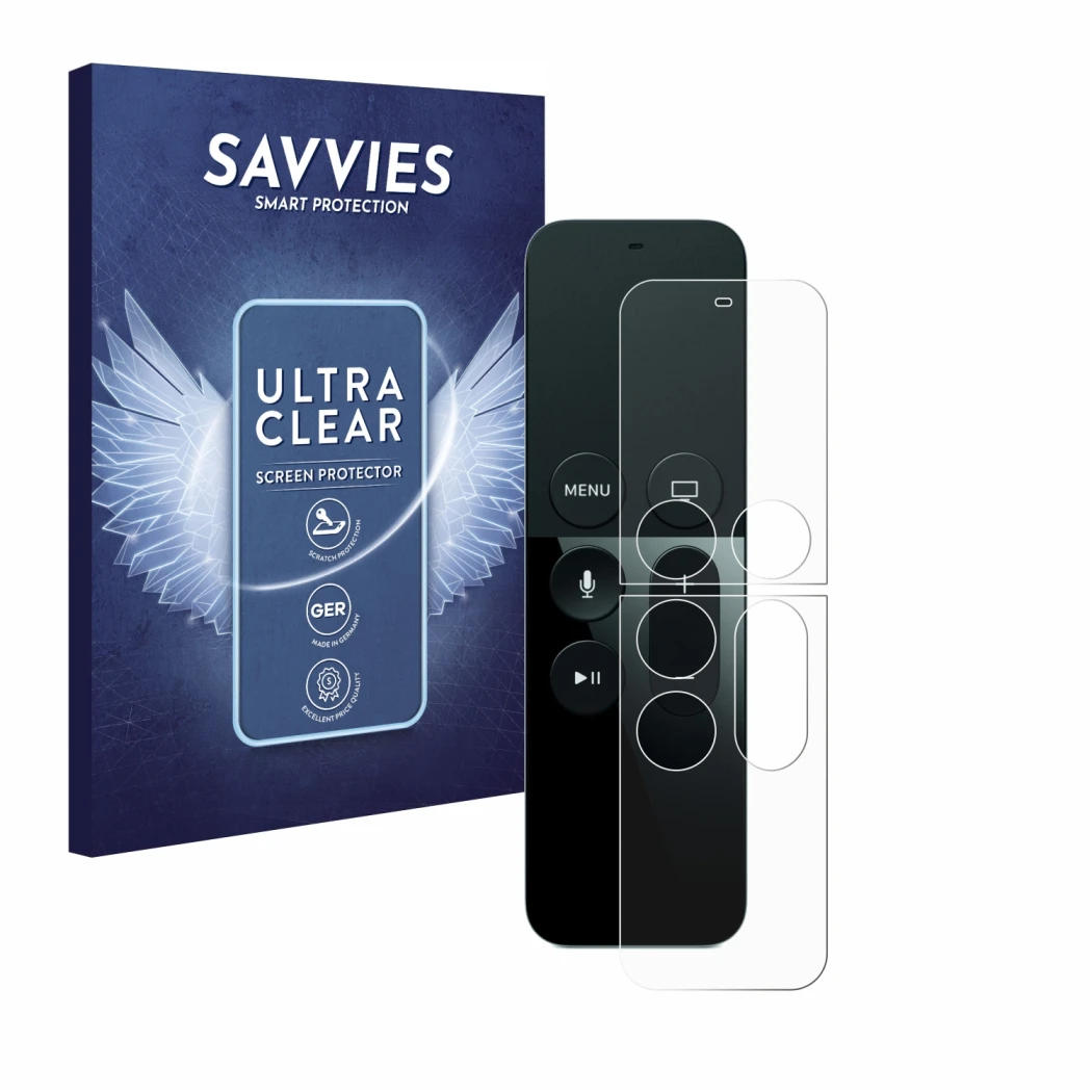 Vorderseite einer Produktverpackung mit dem Markenlogo Savvies. Daneben ist das Gerät Apple Remote Control Apple TV 4 mit dem 