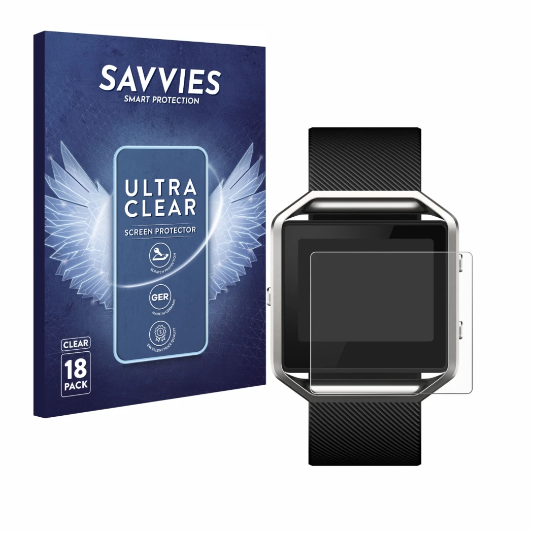 Vorderseite einer Produktverpackung mit dem Markenlogo Savvies. Daneben ist das Gerät Fitbit Blaze mit dem zugehörigen Display