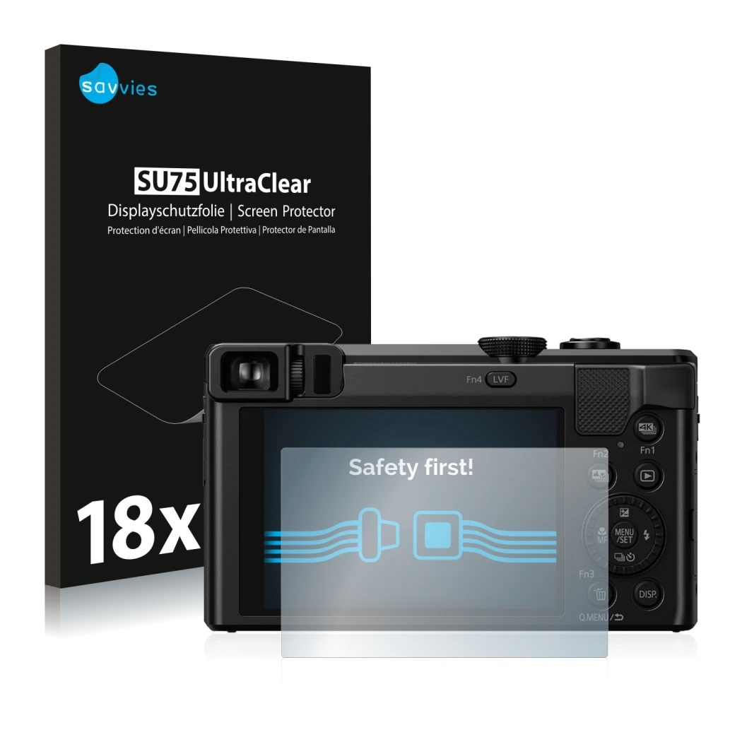 Vorderseite einer Produktverpackung mit dem Markenlogo Savvies. Daneben ist das Gerät Panasonic Lumix DMC-TZ81 mit dem zugehör