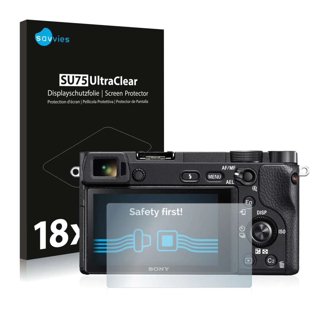 Vorderseite einer Produktverpackung mit dem Markenlogo Savvies. Daneben ist das Gerät Sony Alpha 6300 mit dem zugehörigen Disp