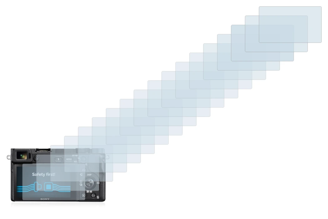 Abbildung des Geräts Sony Alpha 6300 mit einer Vielzahl des Displayschutzes.