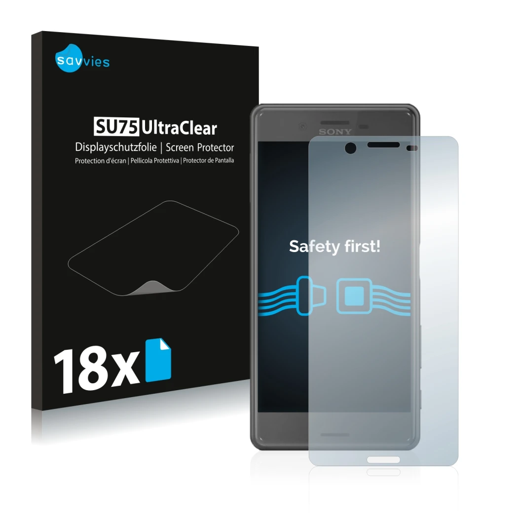 Vorderseite einer Produktverpackung mit dem Markenlogo Savvies. Daneben ist das Gerät Sony Xperia X Performance mit dem zugehö