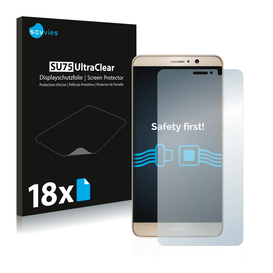 Vorderseite einer Produktverpackung mit dem Markenlogo Savvies. Daneben ist das Gerät Huawei Mate 9 mit dem zugehörigen Displa