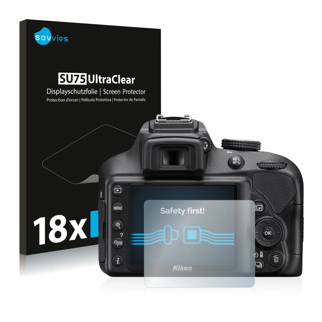 Vorderseite einer Produktverpackung mit dem Markenlogo Savvies. Daneben ist das Gerät Nikon D3400 mit dem zugehörigen Displays