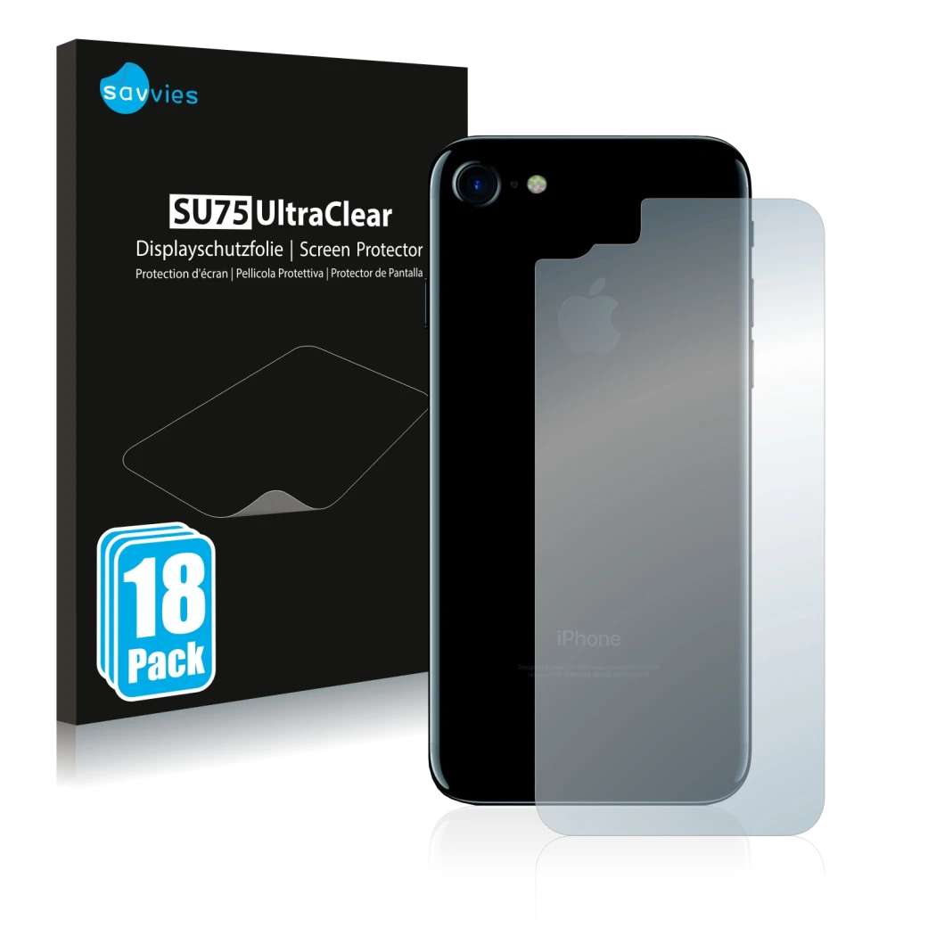 Vorderseite einer Produktverpackung mit dem Markenlogo Savvies. Daneben ist das Gerät Apple iPhone 7 Rückseite (gesamte Fläche