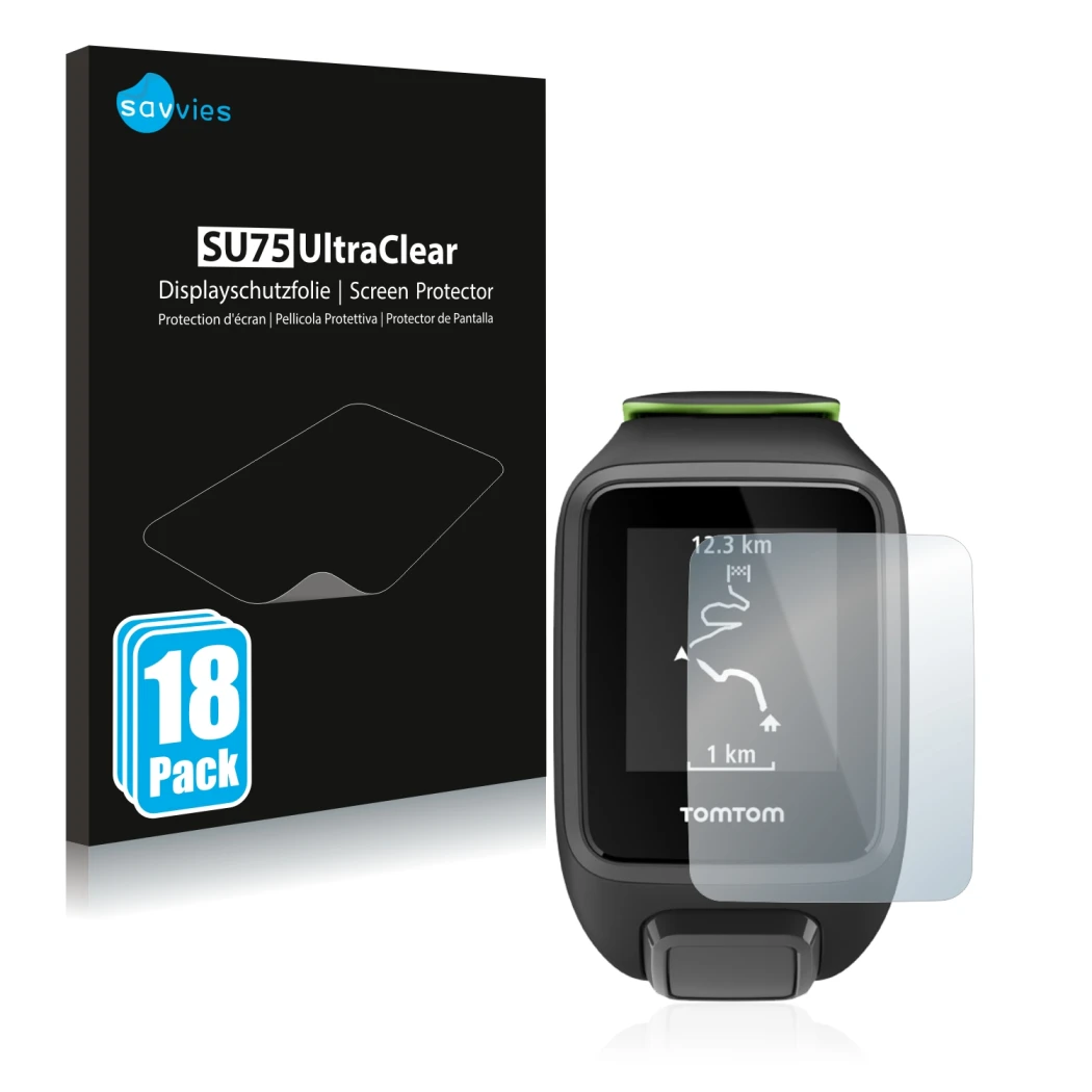 Vorderseite einer Produktverpackung mit dem Markenlogo Savvies. Daneben ist das Gerät TomTom Runner 3 mit dem zugehörigen Disp